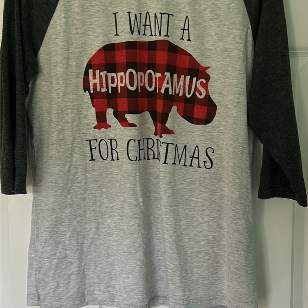 Gray and Black Hippo Christmas Shirt size M 3/4 sleeves